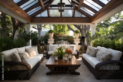 Creating an Upscale and Custom Outdoor Living Room Design for Your Backyard: A Gorgeous Garden Gazebo with Shelter and Comfortable Sofa Seating © AIGen