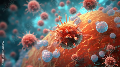 Lymphocytes Battling Cancer Cell - 3D Illustration of Immune System Fighting Metastasis - Medicine and Health Concept photo