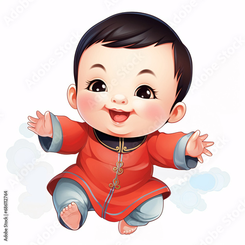 Festive and cute New Year's Eve Fuwa, baby sitting on the ground wearing red clothes concept illustration photo