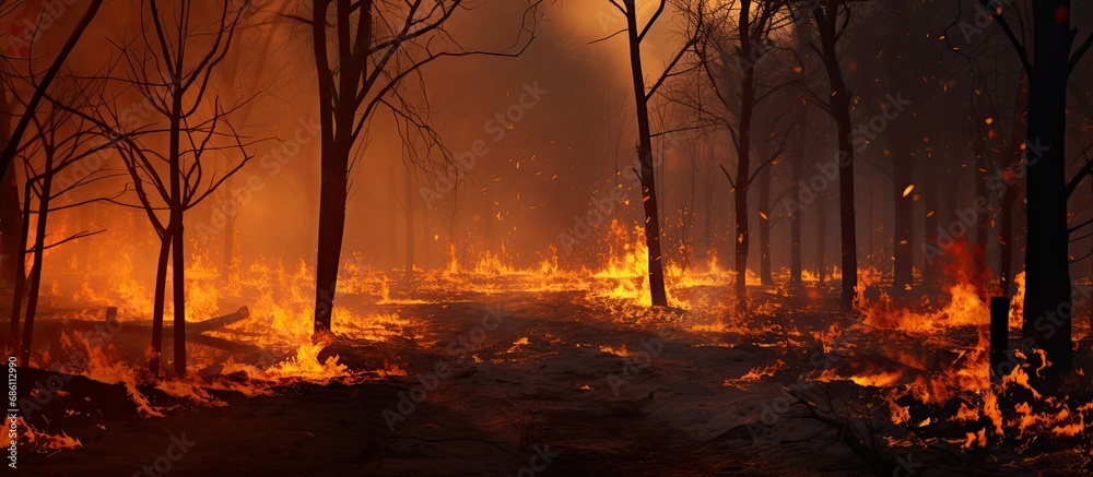 The fire engulfed the forest, spreading with dry leaves on the ground.