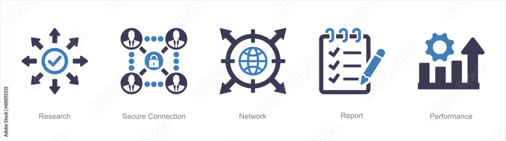 A set of 5 Data analysis icons as research, secure connection, network A set of 5 Data analysis icons as research, secure connection, network