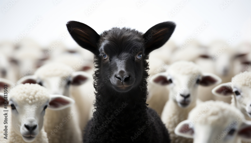 One black sheep standing away from a group of white sheep