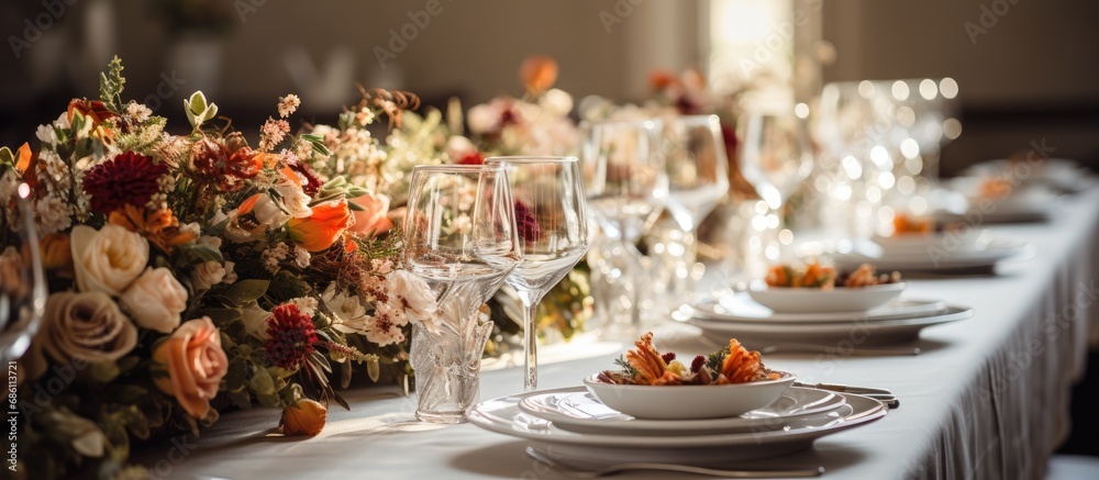 Wedding table with dinnerware, seating, and flowers.