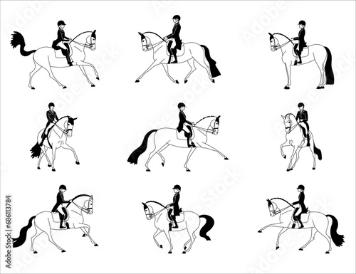 Vector set different riders on horses illustrations Isolated