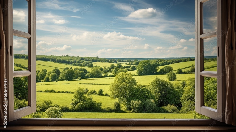 Fototapeta premium Empty Interior with Window Overlooking Greenery and Landscape generated by AI tool
