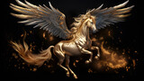 Winged Golden Horse Pegas on a black background	