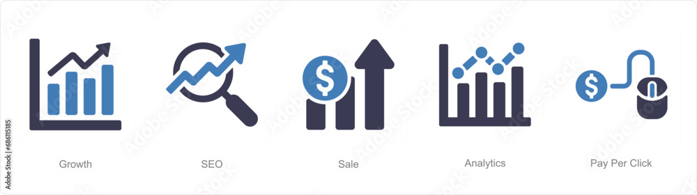 A set of 5 Digital Marketing icons as growth, seo, sale A set of 5 Digital Marketing icons as growth, seo, sale