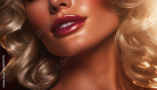 Blond woman close up on lips with lipstick or lipgloss. Ruby red Close-up portrait. Hairstyle styling. Fashion  beauty  make-up  cosmetics  beauty salon  haircut  hairstyle  self-care  health. Smooth
