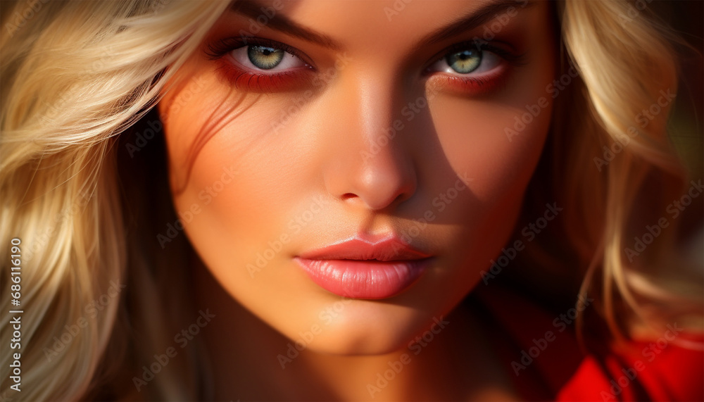 Blond woman close up on lips with lipstick or lipgloss. Ruby red Close-up portrait. Hairstyle styling. Fashion, beauty, make-up, cosmetics, beauty salon, haircut, hairstyle, self-care, health. Smooth Blond woman close up on lips with lipstick or lipgloss. Ruby red Close-up portrait. Hairstyle styling. Fashion, beauty, make-up, cosmetics, beauty salon, haircut, hairstyle, self-care, health. Smooth