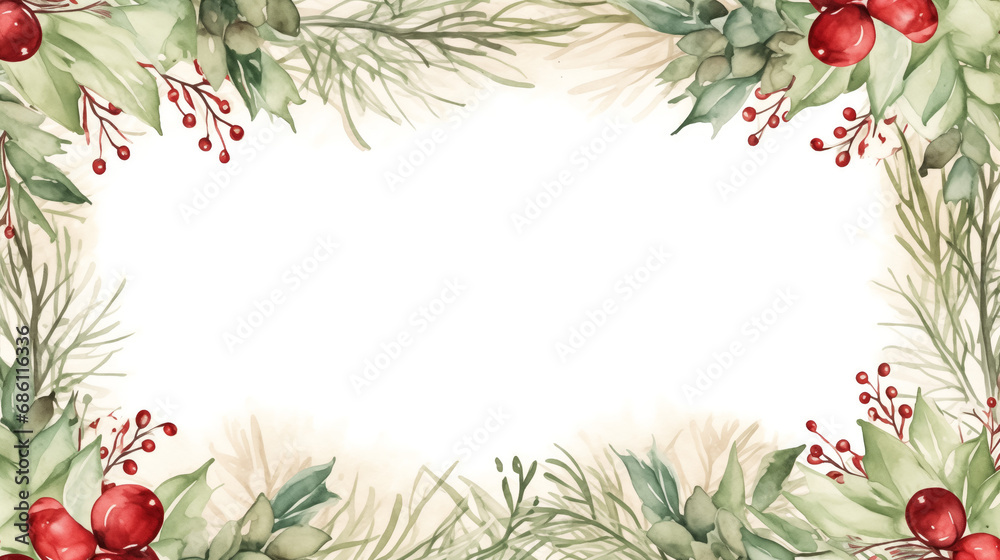 Watercolor christmas border with holly berries and pine foliage