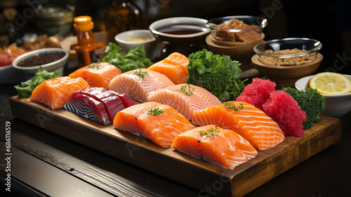Diverse gourmet market offers sashimi, duck, catfish, and more generative ai