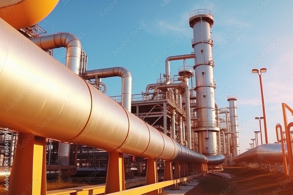 Large plant, factory on a summer day at sunset. Pipes of a gas power plant, industrial landscape. Large plant, factory on a summer day at sunset. Pipes of a gas power plant, industrial landscape.