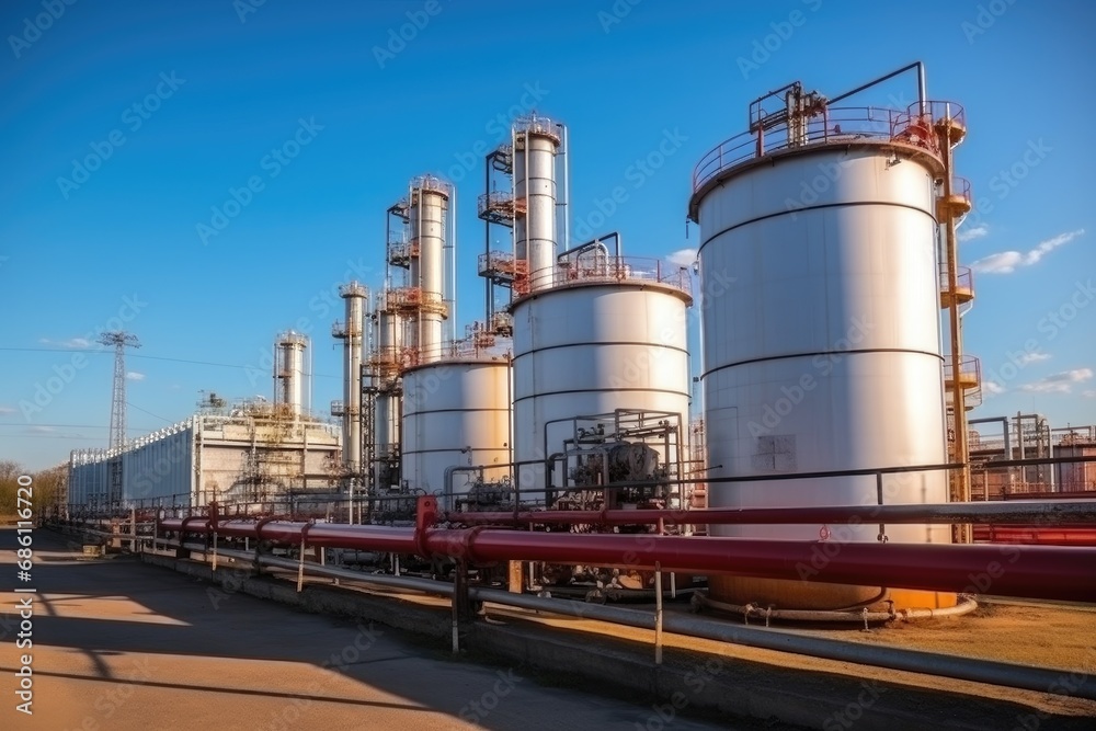 Large plant, factory on a summer day at sunset. Pipes of a gas power plant, industrial landscape. Large plant, factory on a summer day at sunset. Pipes of a gas power plant, industrial landscape.