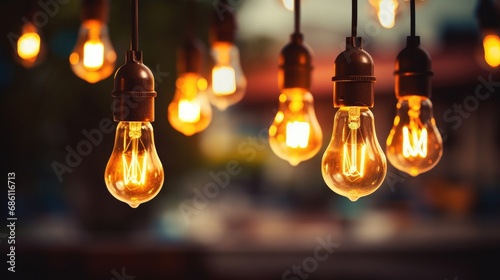 Decorative antique style light bulbs shine with orange light against a blurred evening city background.