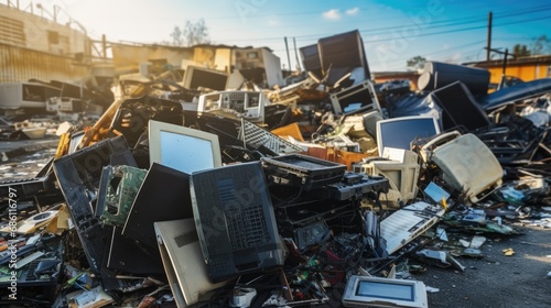 Large dump of electronic waste. Mountains of old broken and damaged monitors, televisions, and household appliances. photo