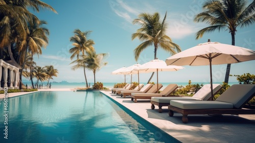 Tropical resort on the ocean under palm trees. Sun loungers and parasols around the pool. Summer sunny day. © photolas