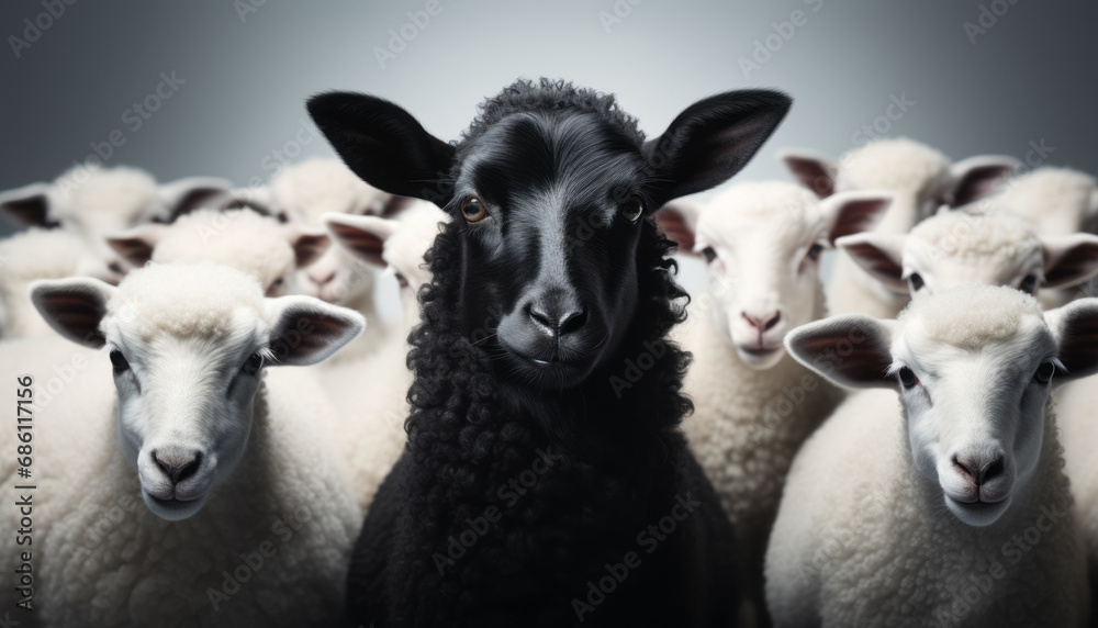 Obraz premium One black sheep standing away from a group of white sheep