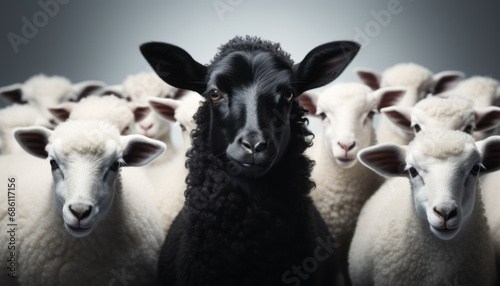 One black sheep standing away from a group of white sheep