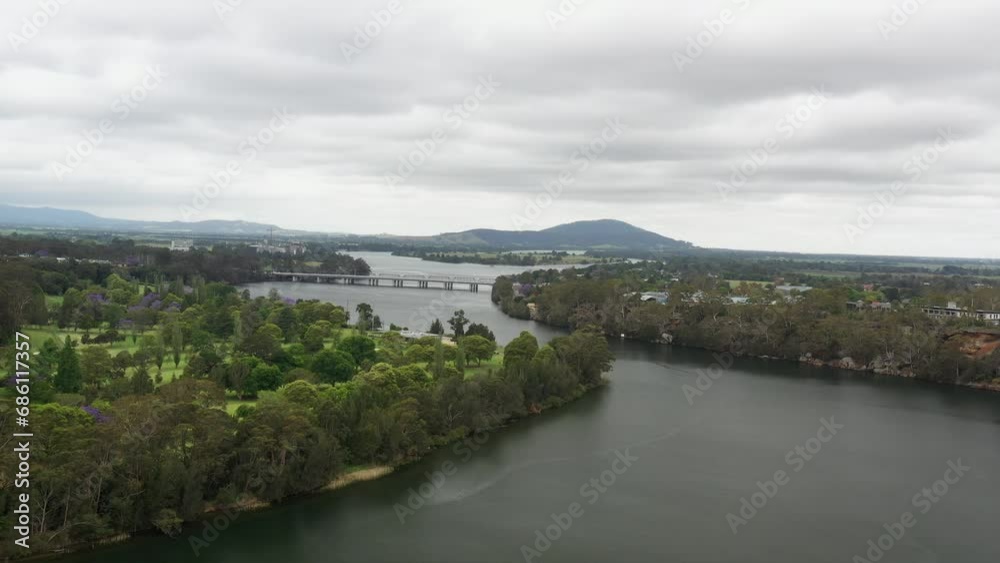 Aerial drone shot over the Shoalhaven river near Nowra on s stormy day in south coast, NSW Australia Aerial drone shot over the Shoalhaven river near Nowra on s stormy day in south coast, NSW Australia