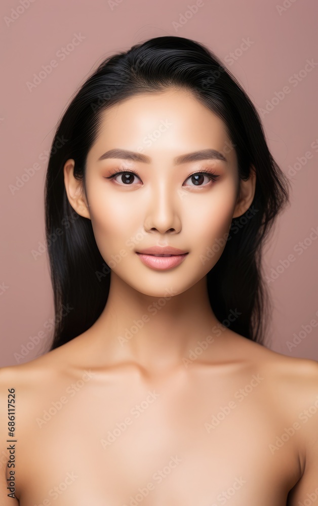 Young beautiful Asian woman looking at camera close up with natural Korean makeup, perfect clean skin, curly dark hair. with copy space. Beauty skin care