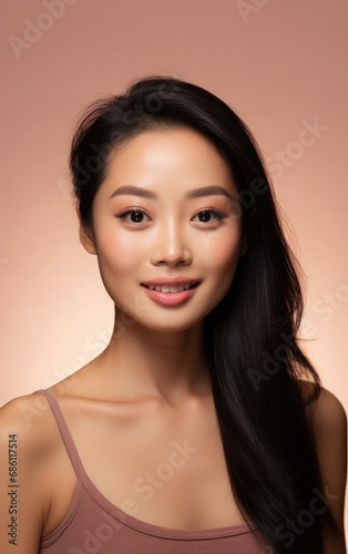Young beautiful Asian woman looking at camera close up with natural Korean makeup, perfect clean skin, curly dark hair. with copy space. Beauty skin care