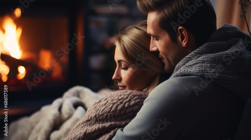 Lovely couple hugs near fireplace. Cozy evening. Romantic concept. Generative AI