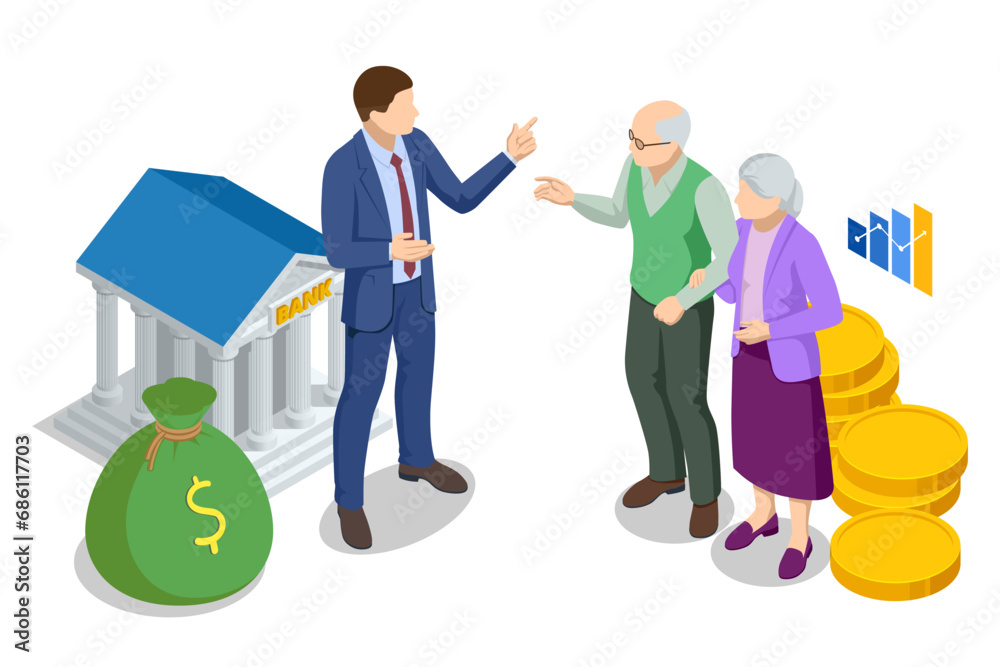 Isometric Retirement savings concept. Financial independence idea. Economy and wealth. Grandparents saved up money for comfortable old age. Economics, financial or banking systems Isometric Retirement savings concept. Financial independence idea. Economy and wealth. Grandparents saved up money for comfortable old age. Economics, financial or banking systems