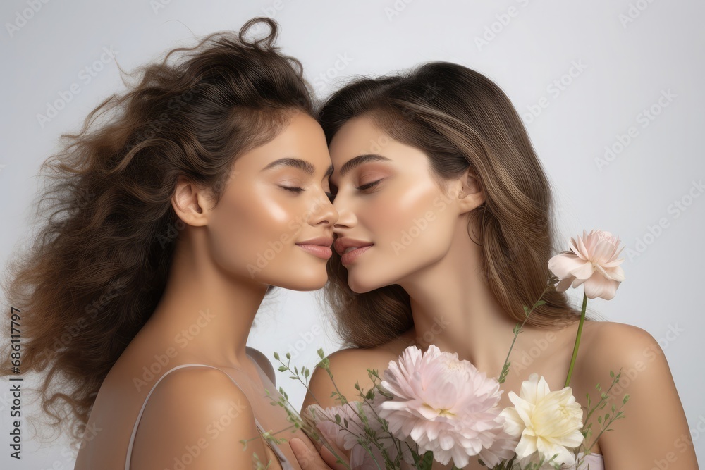 Close up portrait of two diverse females looking at each other Close up portrait of two diverse females looking at each other
