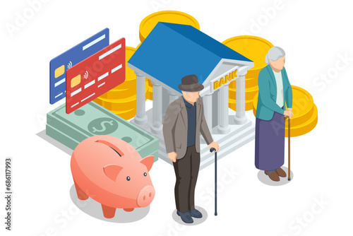 Isometric Retirement savings concept. Financial independence idea. Economy and wealth. Grandparents saved up money for comfortable old age.