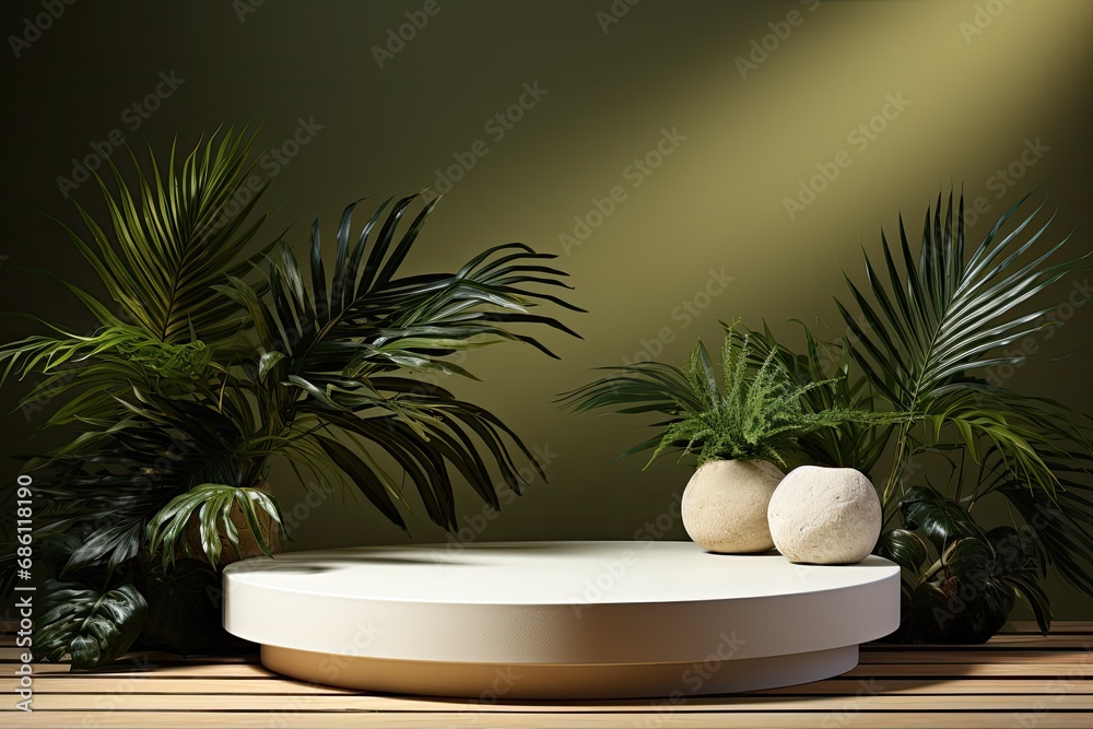 Circle podium with green tropical plants in pots and trendy shadows for product presentation Circle podium with green tropical plants in pots and trendy shadows for product presentation