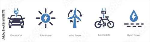 A set of 5 ecology icons as electric car, solar power, wind power