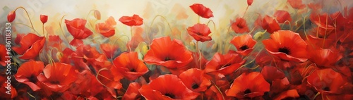 A vibrant carpet of red poppies swaying rhythmically on a breezy afternoon  with shadows dancing delicately among them.