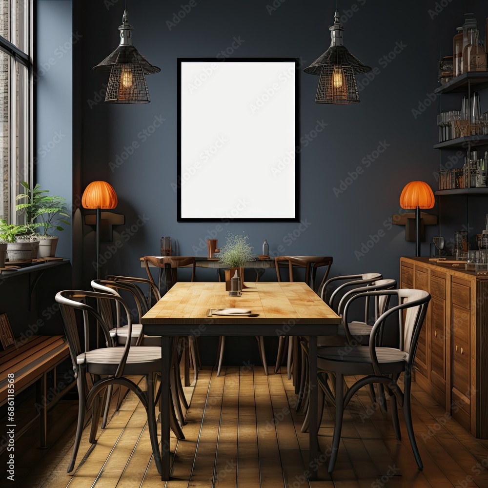 frame with poster mockup in cafe in modern Scandinavian style with table, chairs and plants frame with poster mockup in cafe in modern Scandinavian style with table, chairs and plants