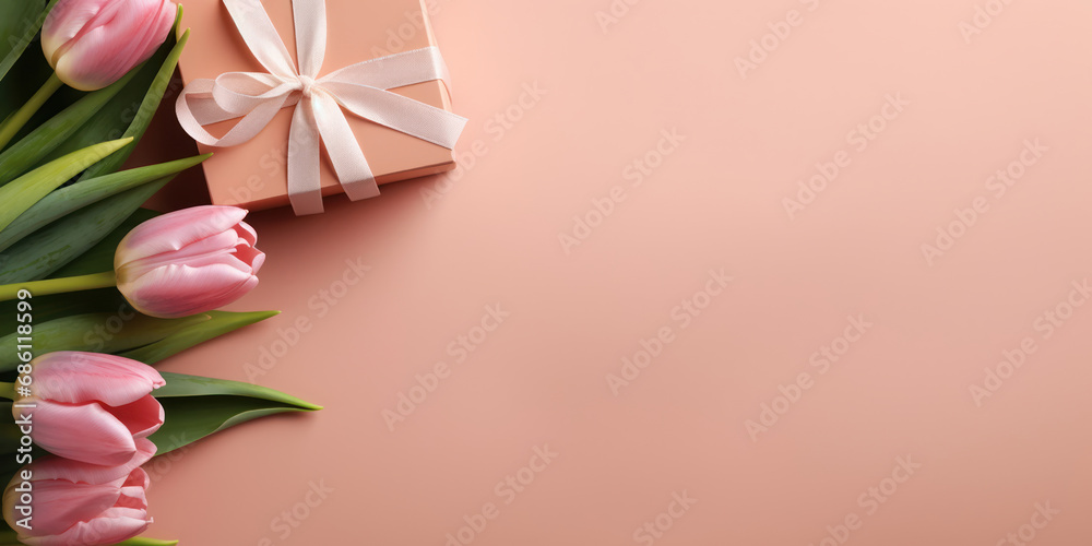 Fototapeta premium Delicate tulips lean against a heart-adorned gift, set on a blush surface