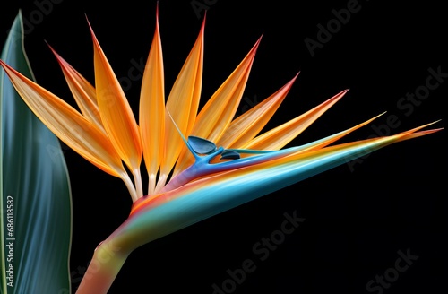 Exotic Bird of Paradise Flower with Vivid Colors and Water Drops Against a Dark Background © SK