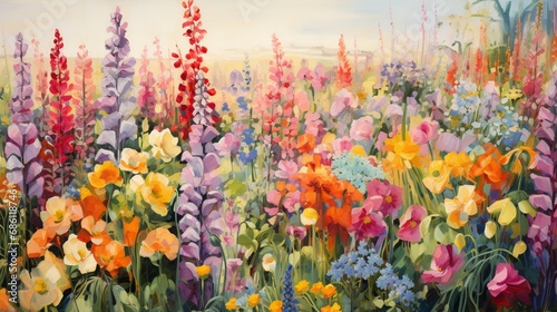 a garden in full bloom, where flowers feature a spectrum of coral, lilac, and buttercup yellow. © Ahmad