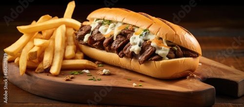 Steak, cheese, and onions on a toasted hoagie roll with fries on a wooden board. photo