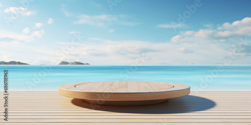 Wooden podium on a tropical beach with the clear blue sea in the background