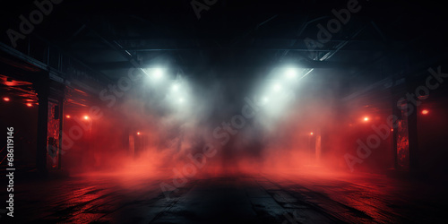 Dramatic stage lit by red neon lights, shrouded in mist and darkness