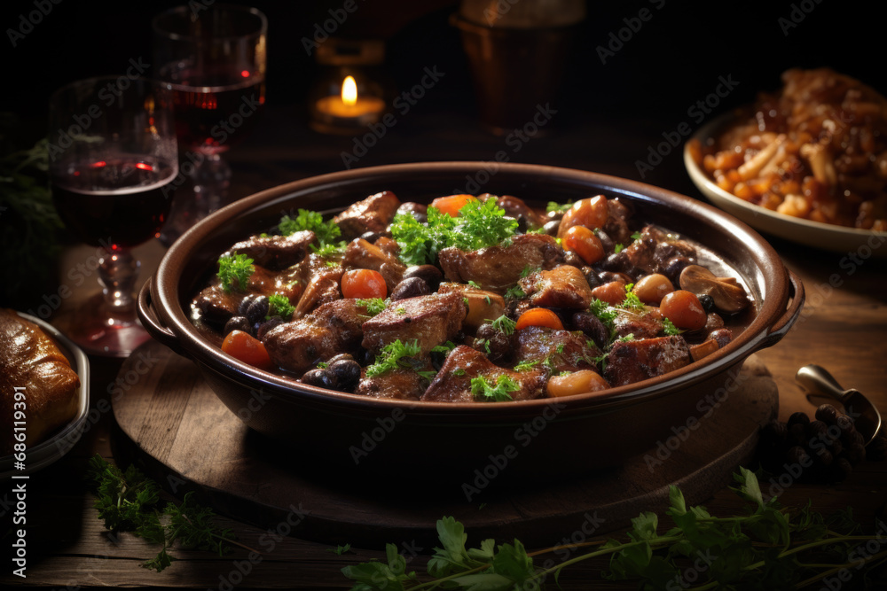 Coq au vin on wooden table shoot from above .Chicken and wine Classic French cuisine