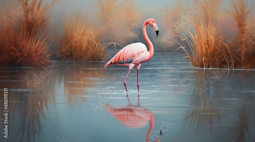 A graceful flamingo wading in a desert oasis, its reflection shimmering in the tranquil water.