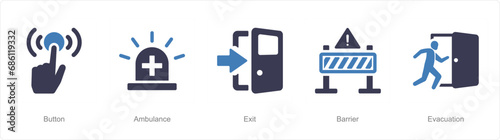 A set of 5 Emergency icons as button, ambulance, exit
