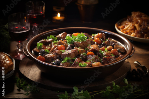 Coq au vin on wooden table shoot from above .Chicken and wine Classic French cuisine