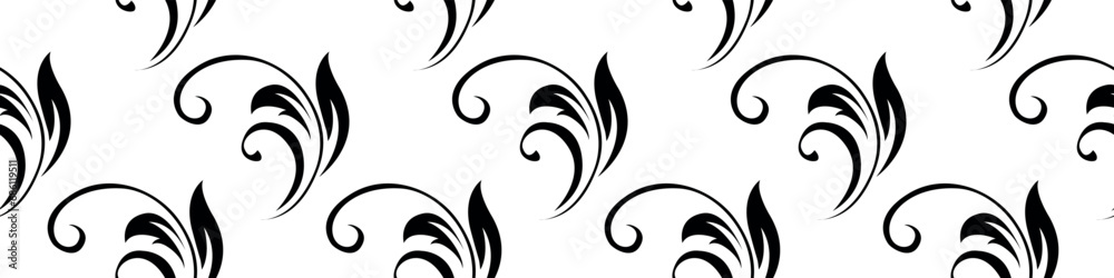 Obraz premium Vintage seamless plant pattern of black stylized stems, leaves and curls. Retro style. Vector backdrop, texture