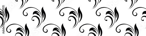 Vintage seamless plant pattern of black stylized stems, leaves and curls. Retro style. Vector backdrop, texture