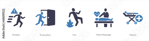 A set of 5 Emergency icons as escape, evacuation, fire