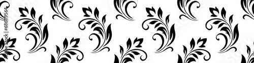 Fototapeta Naklejka Na Ścianę i Meble -  Vintage seamless plant pattern of black stylized stems, leaves, flowers and curls on white background. Retro style. Vector backdrop, texture for victorian wallpapers, wrapping paper, fabric