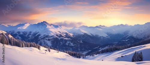 Winter sunset in the Pyrenees mountains, Spain. photo