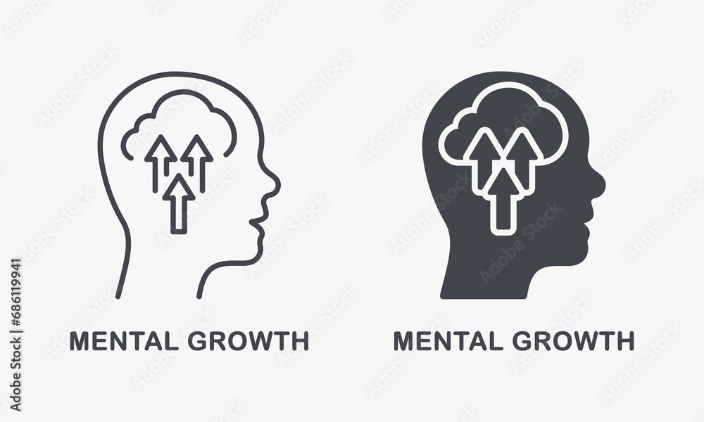 Mental Growth Silhouette and Line Icon Set. Potential Career Success Pictogram. Human Head with Arrow Up, Psychology Therapy, Intellectual Process Symbol Collection. Isolated Vector Illustration