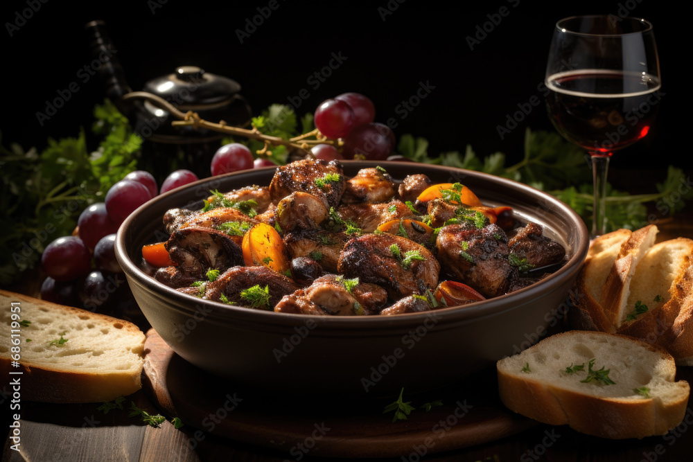 Coq au vin on wooden table shoot from above .Chicken and wine Classic French cuisine Coq au vin on wooden table shoot from above .Chicken and wine Classic French cuisine